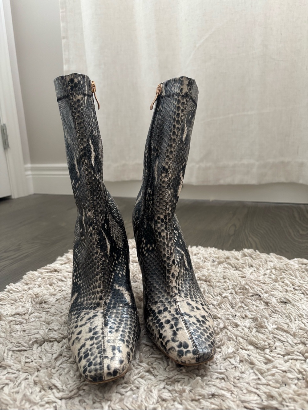 Public Desire Snake-Print Mid-Calf Women's Boots - Black and Cream